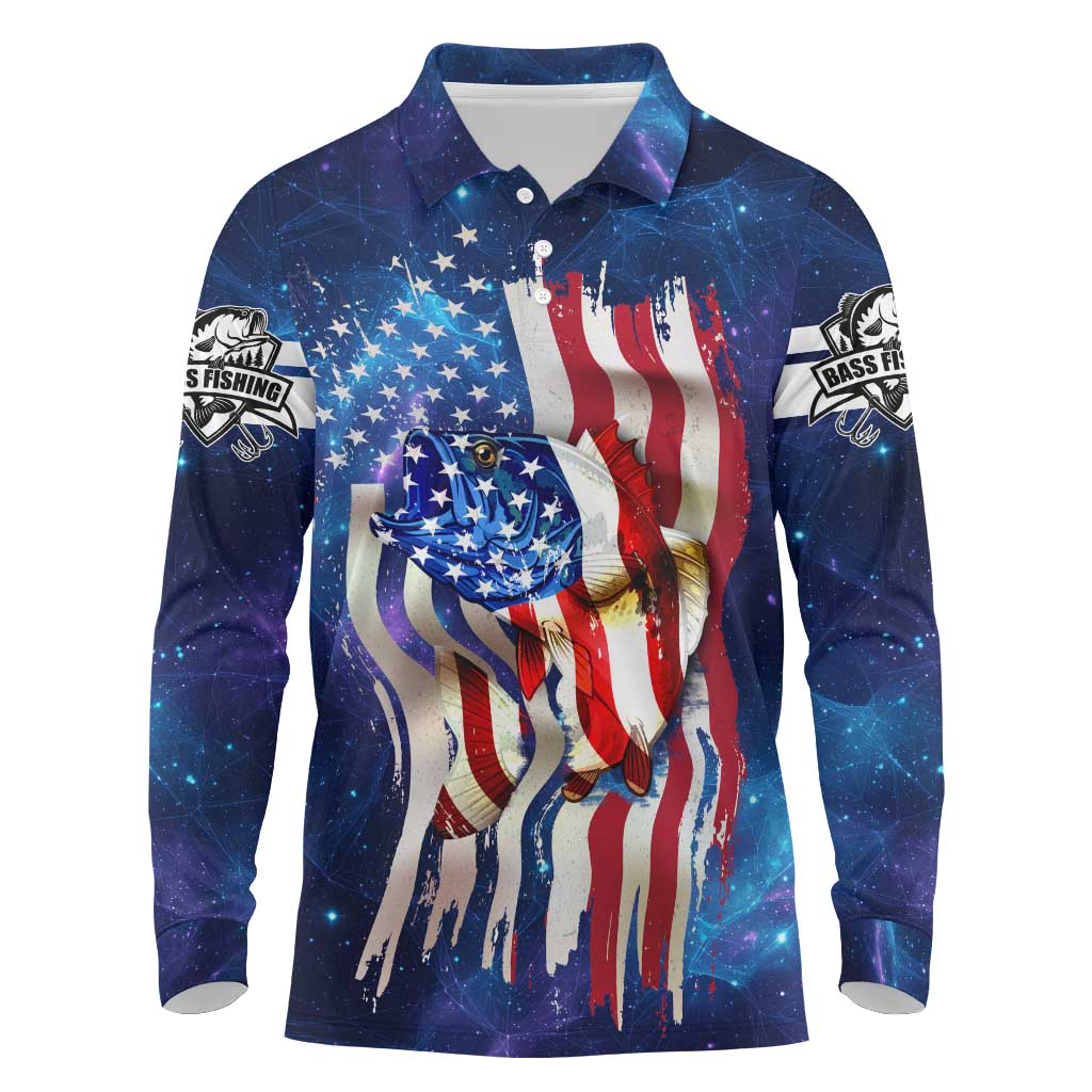 Bass Fishing Long Sleeve Polo Shirt American Flag Patriotic and Cosmic Galaxy in Blue Red - Wonder Print Shop
