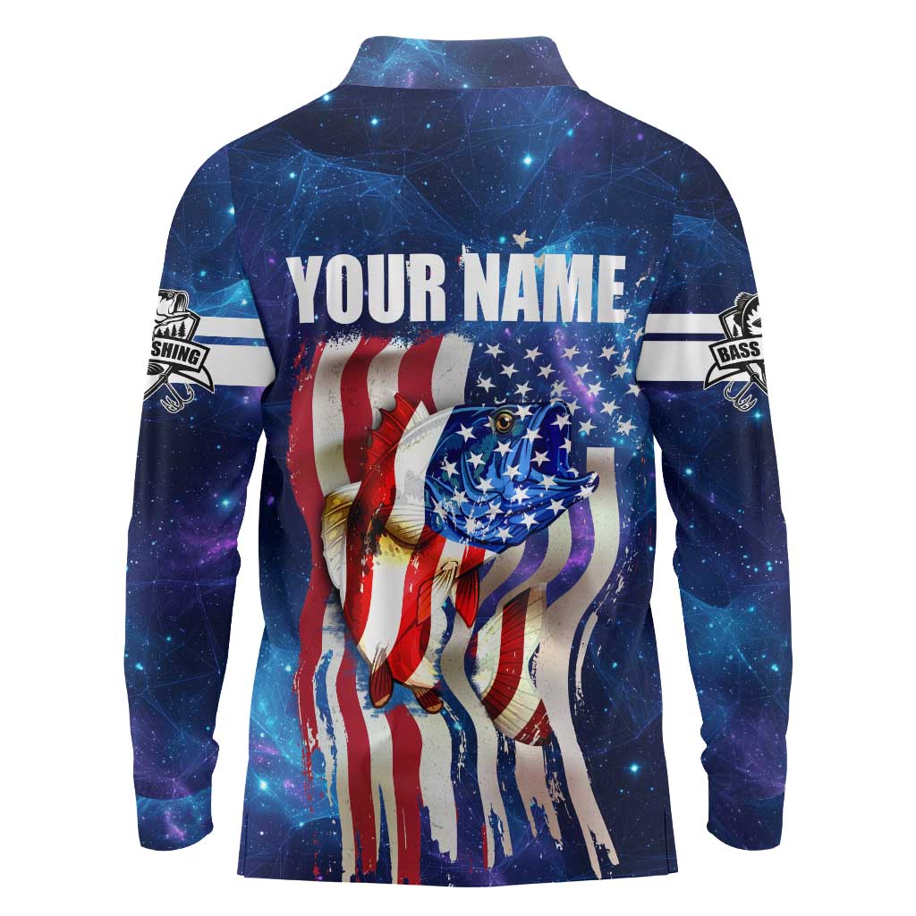 Bass Fishing Long Sleeve Polo Shirt American Flag Patriotic and Cosmic Galaxy in Blue Red - Wonder Print Shop