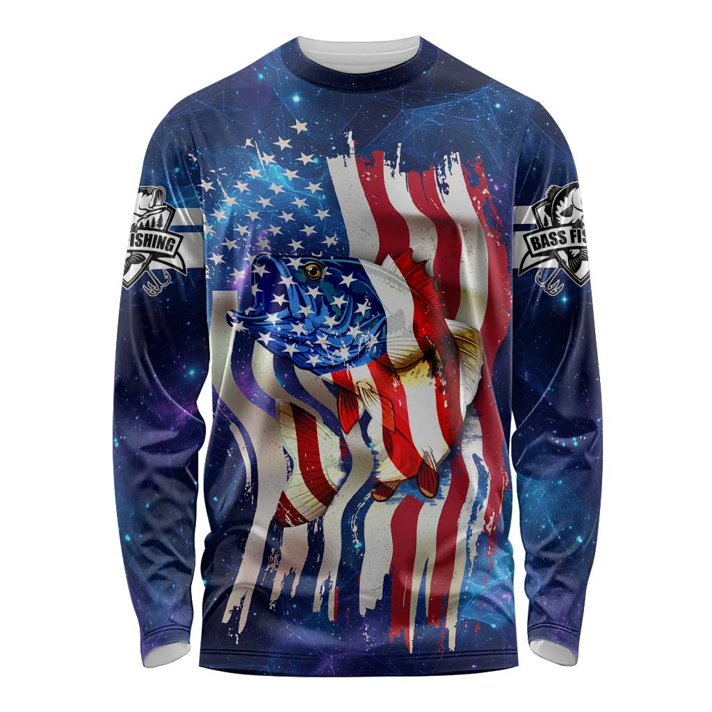 Bass Fishing Long Sleeve Shirt American Flag Patriotic and Cosmic Galaxy in Blue Red - Wonder Print Shop
