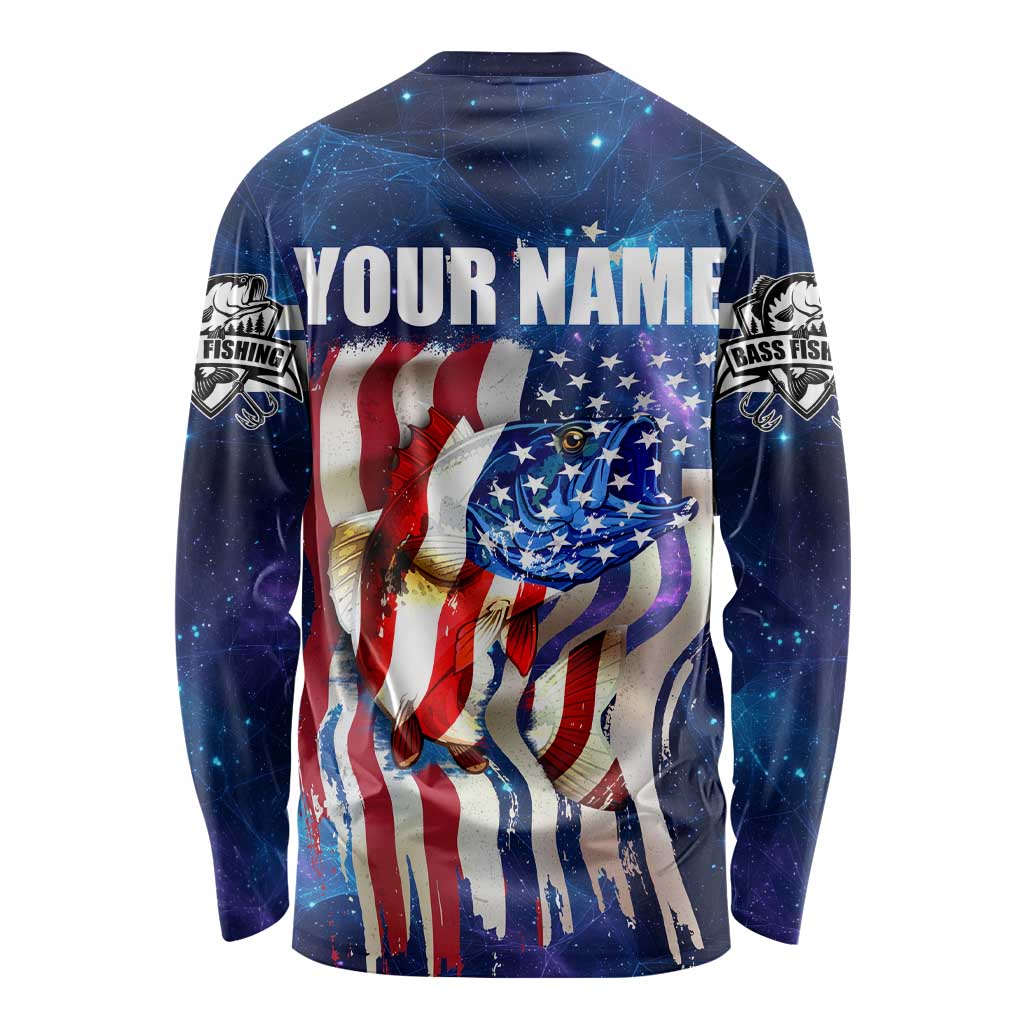 Bass Fishing Long Sleeve Shirt American Flag Patriotic and Cosmic Galaxy in Blue Red - Wonder Print Shop
