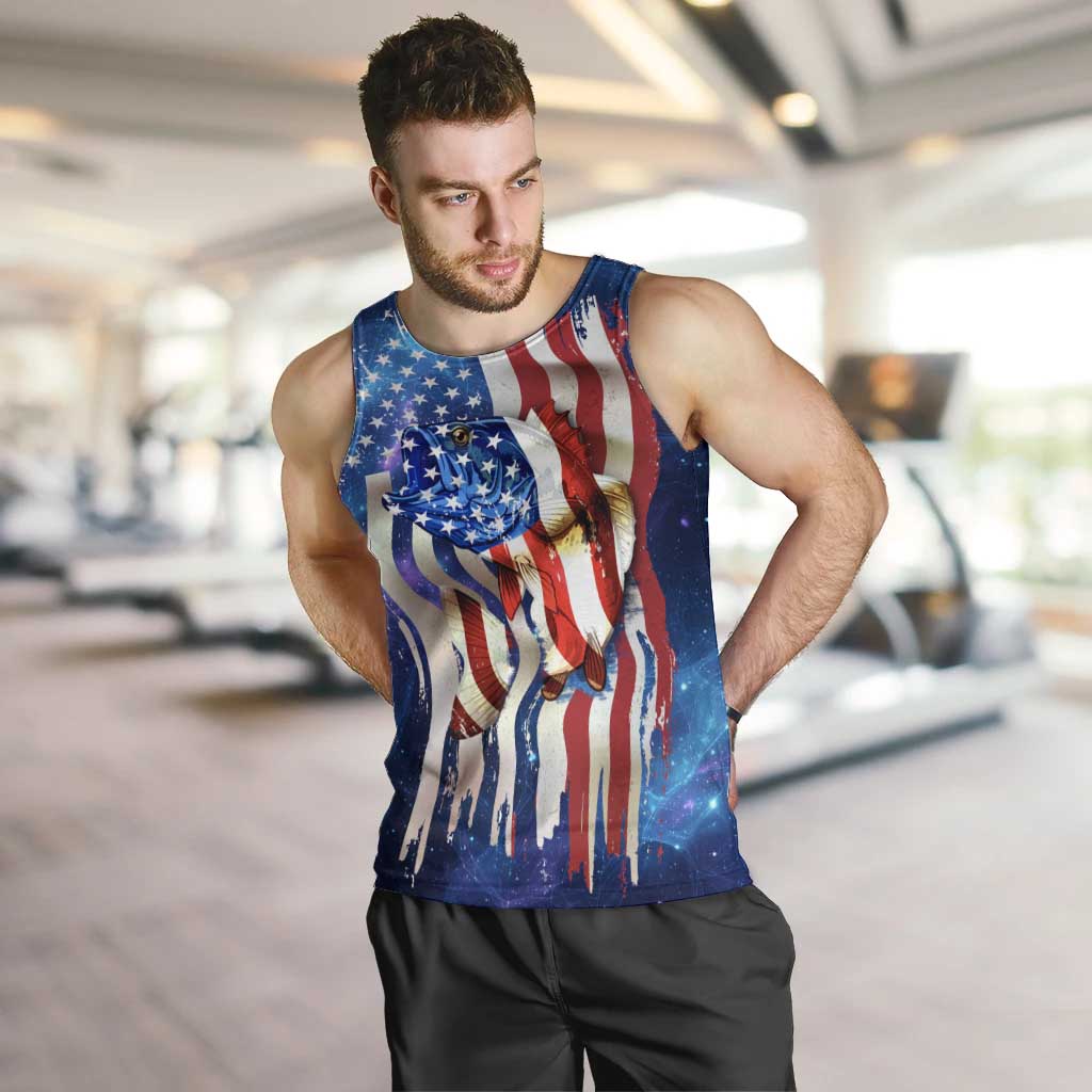 Bass Fishing Men Tank Top American Flag Patriotic and Cosmic Galaxy in Blue Red - Wonder Print Shop
