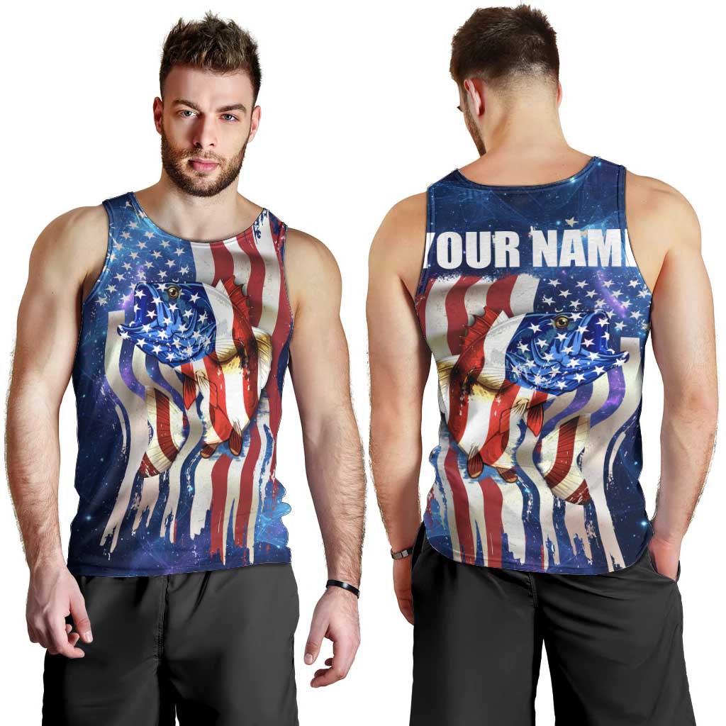 Bass Fishing Men Tank Top American Flag Patriotic and Cosmic Galaxy in Blue Red - Wonder Print Shop