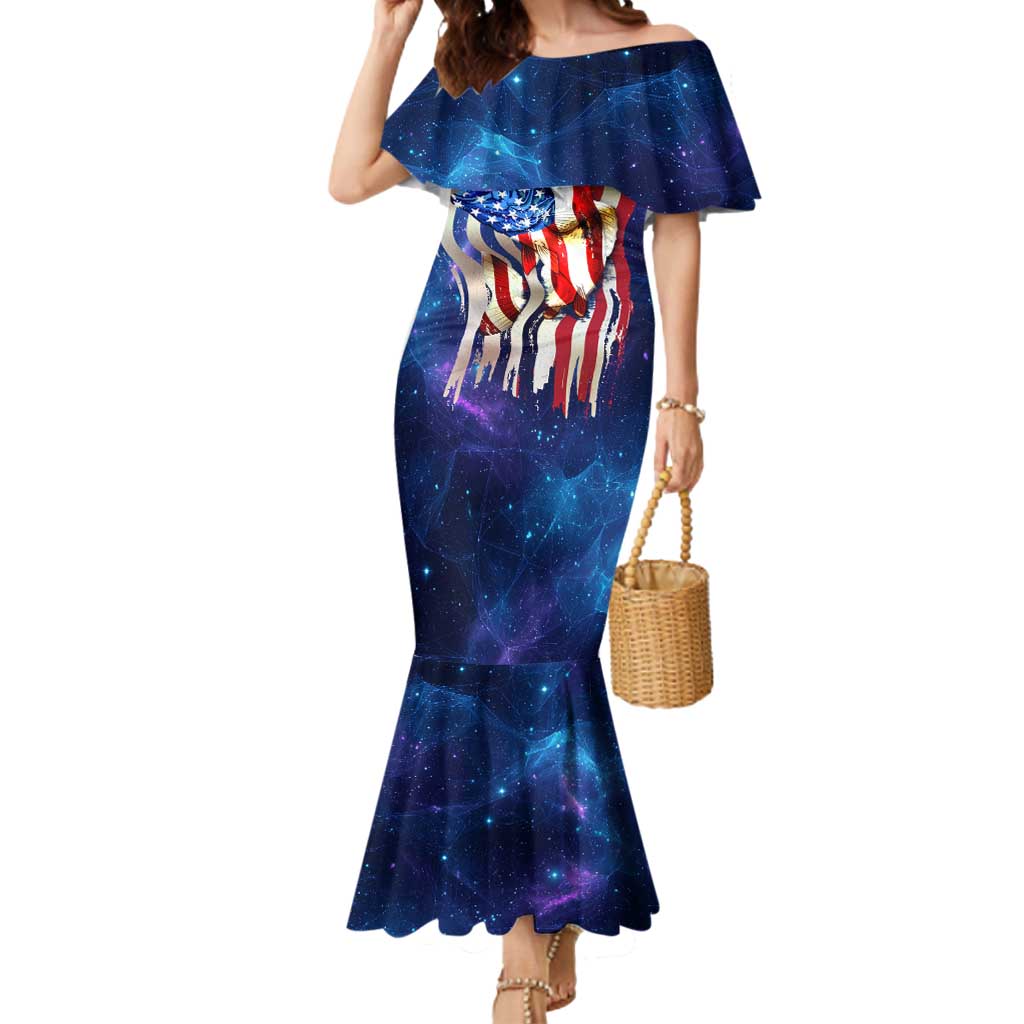 Bass Fishing Mermaid Dress American Flag Patriotic and Cosmic Galaxy in Blue Red - Wonder Print Shop