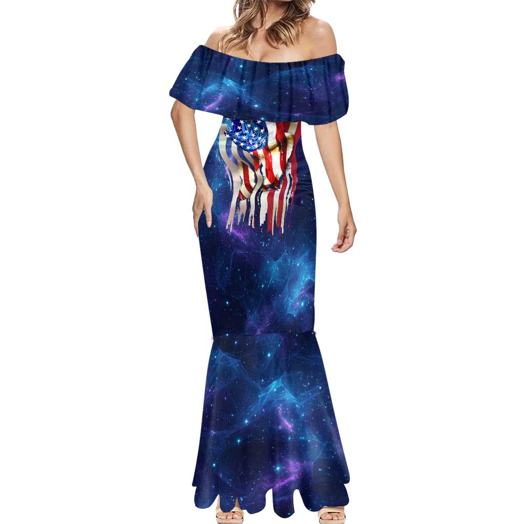 Bass Fishing Mermaid Dress American Flag Patriotic and Cosmic Galaxy in Blue Red - Wonder Print Shop