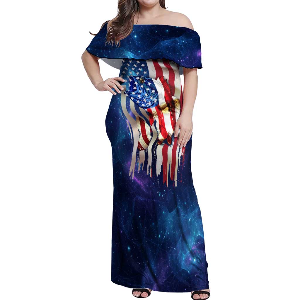 Bass Fishing Off Shoulder Maxi Dress American Flag Patriotic and Cosmic Galaxy in Blue Red - Wonder Print Shop