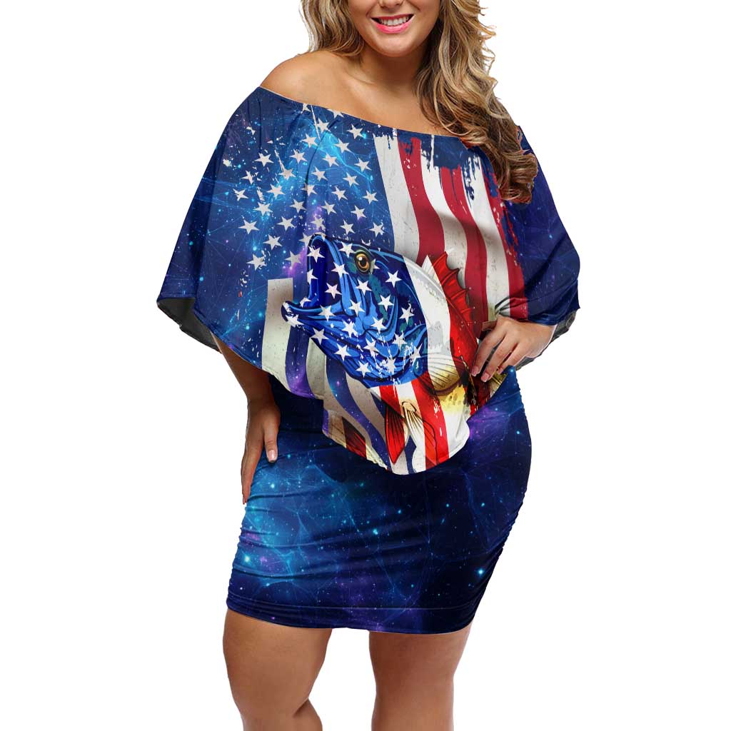 Bass Fishing Off Shoulder Short Dress American Flag Patriotic and Cosmic Galaxy in Blue Red - Wonder Print Shop