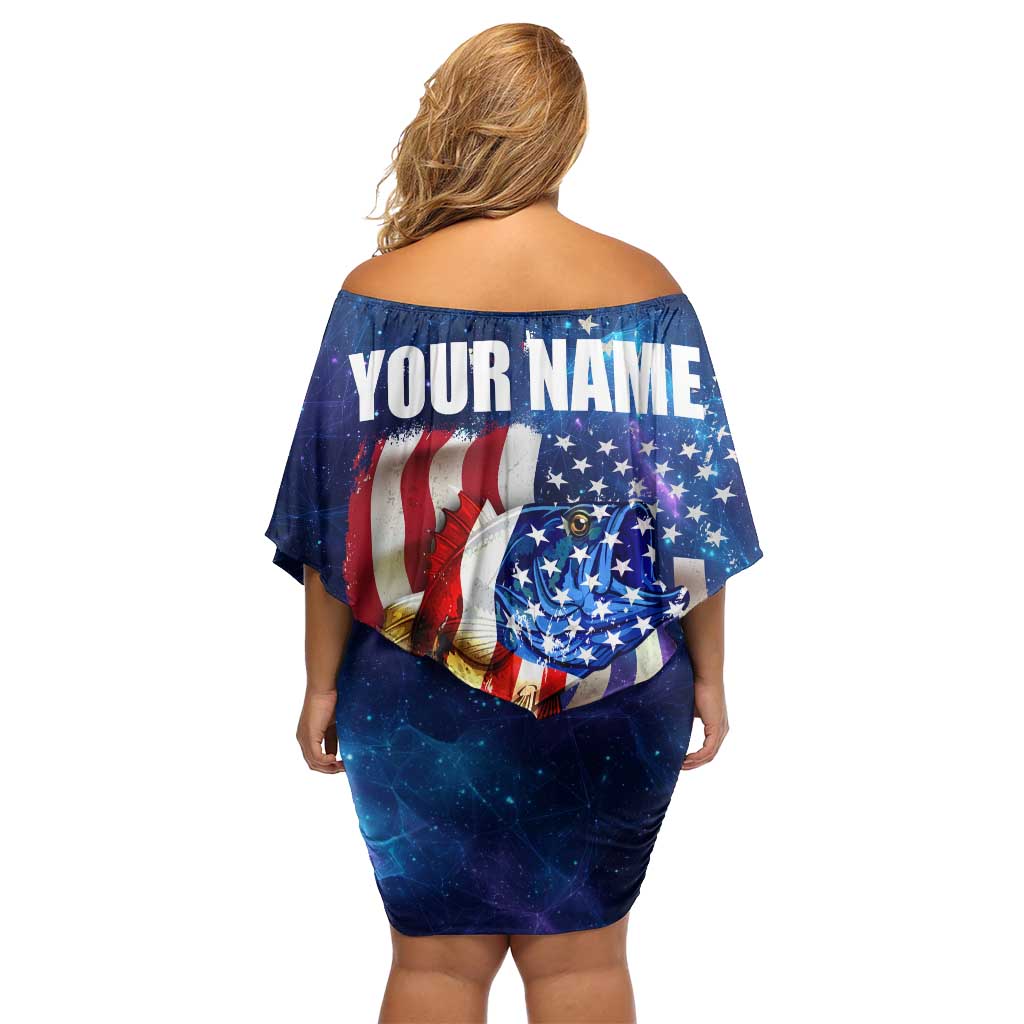Bass Fishing Off Shoulder Short Dress American Flag Patriotic and Cosmic Galaxy in Blue Red - Wonder Print Shop