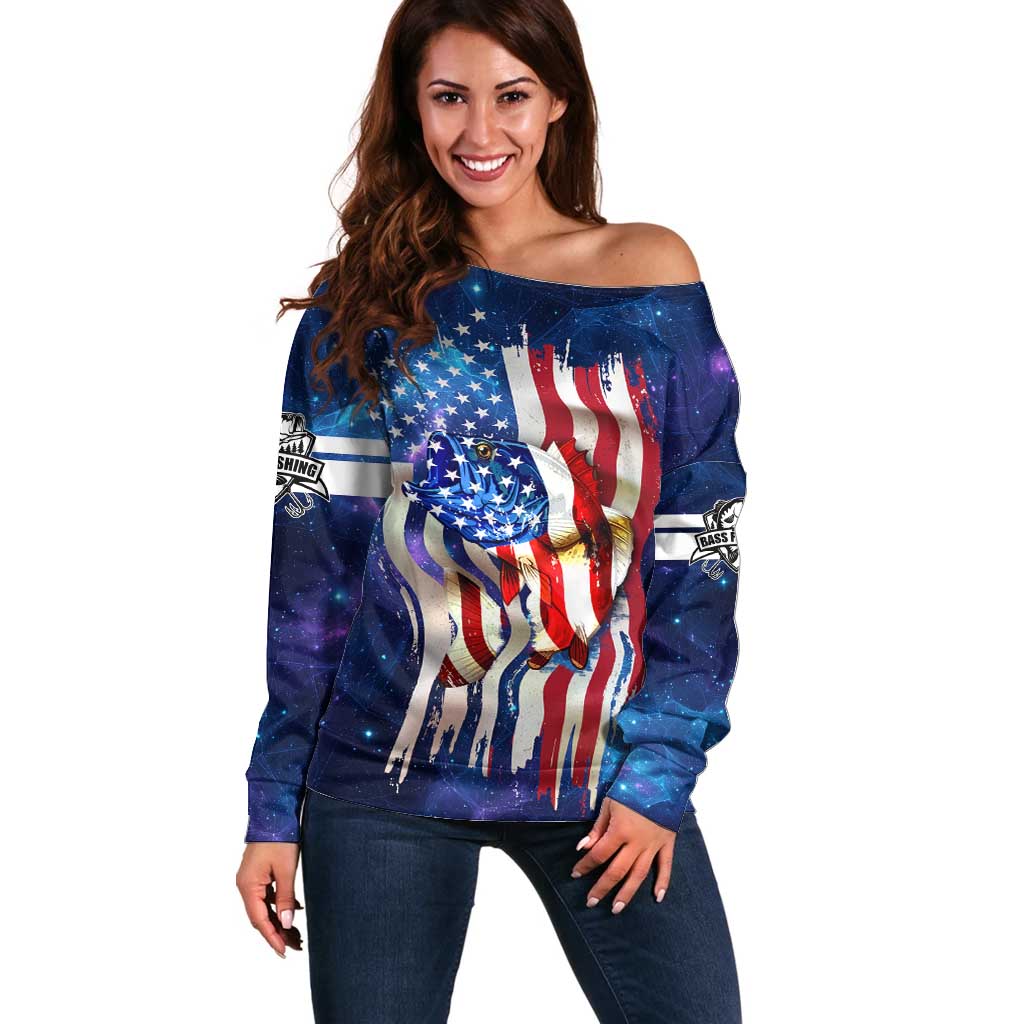 Bass Fishing Off Shoulder Sweater American Flag Patriotic and Cosmic Galaxy in Blue Red - Wonder Print Shop