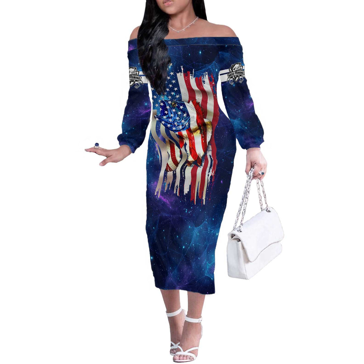 Bass Fishing Off The Shoulder Long Sleeve Dress American Flag Patriotic and Cosmic Galaxy in Blue Red - Wonder Print Shop