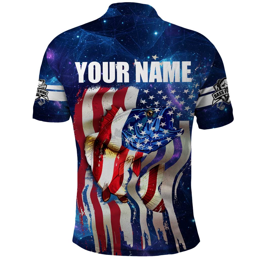 Bass Fishing Polo Shirt American Flag Patriotic and Cosmic Galaxy in Blue Red - Wonder Print Shop