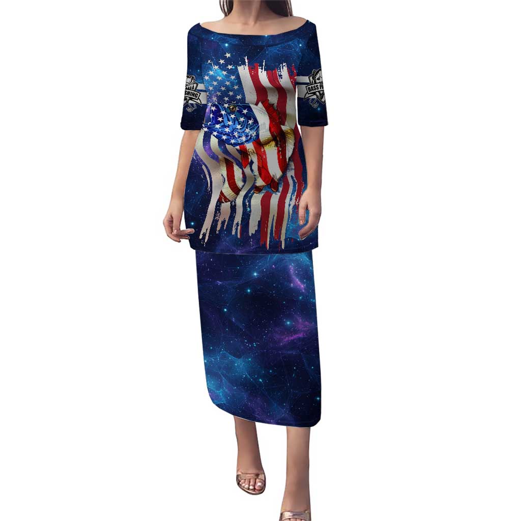 Bass Fishing Puletasi American Flag Patriotic and Cosmic Galaxy in Blue Red - Wonder Print Shop