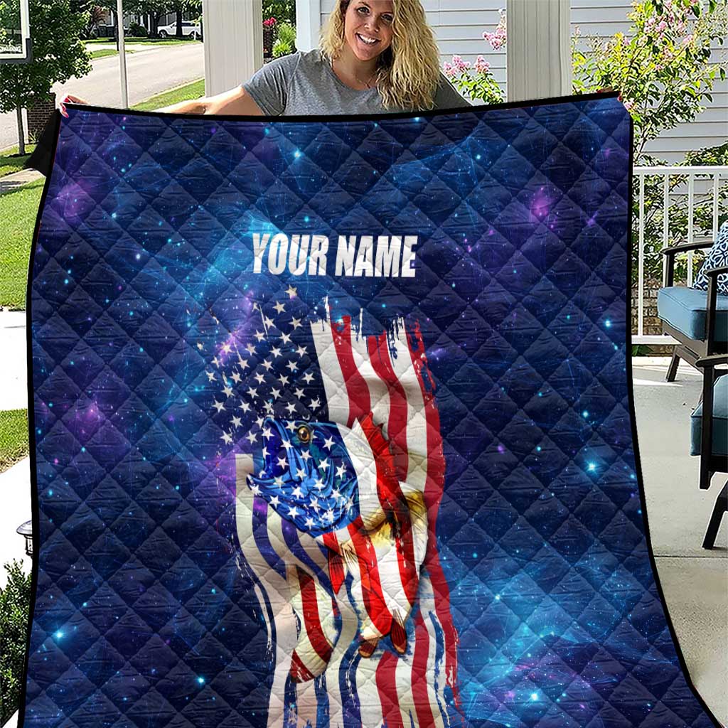 Bass Fishing Quilt American Flag Patriotic and Cosmic Galaxy in Blue Red - Wonder Print Shop
