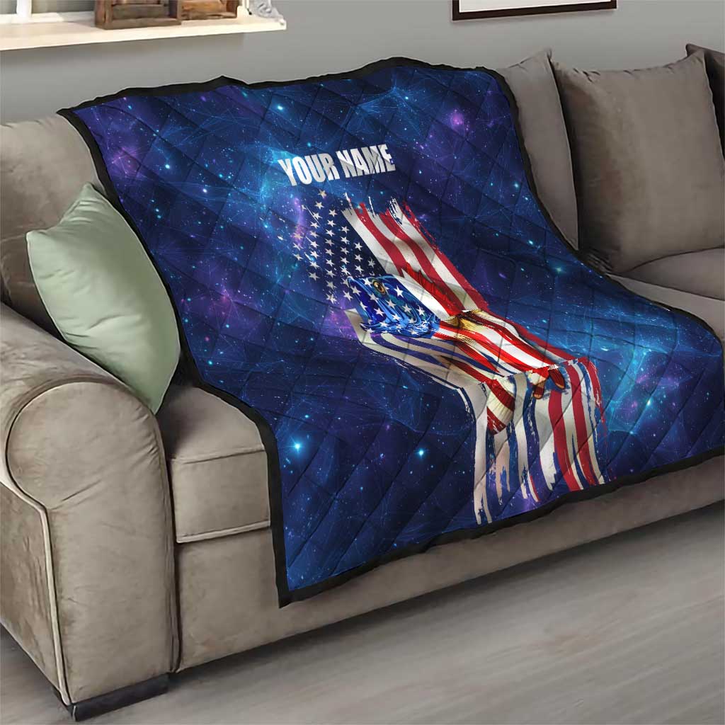 Bass Fishing Quilt American Flag Patriotic and Cosmic Galaxy in Blue Red - Wonder Print Shop