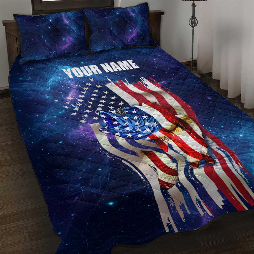 Bass Fishing Quilt Bed Set American Flag Patriotic and Cosmic Galaxy in Blue Red - Wonder Print Shop