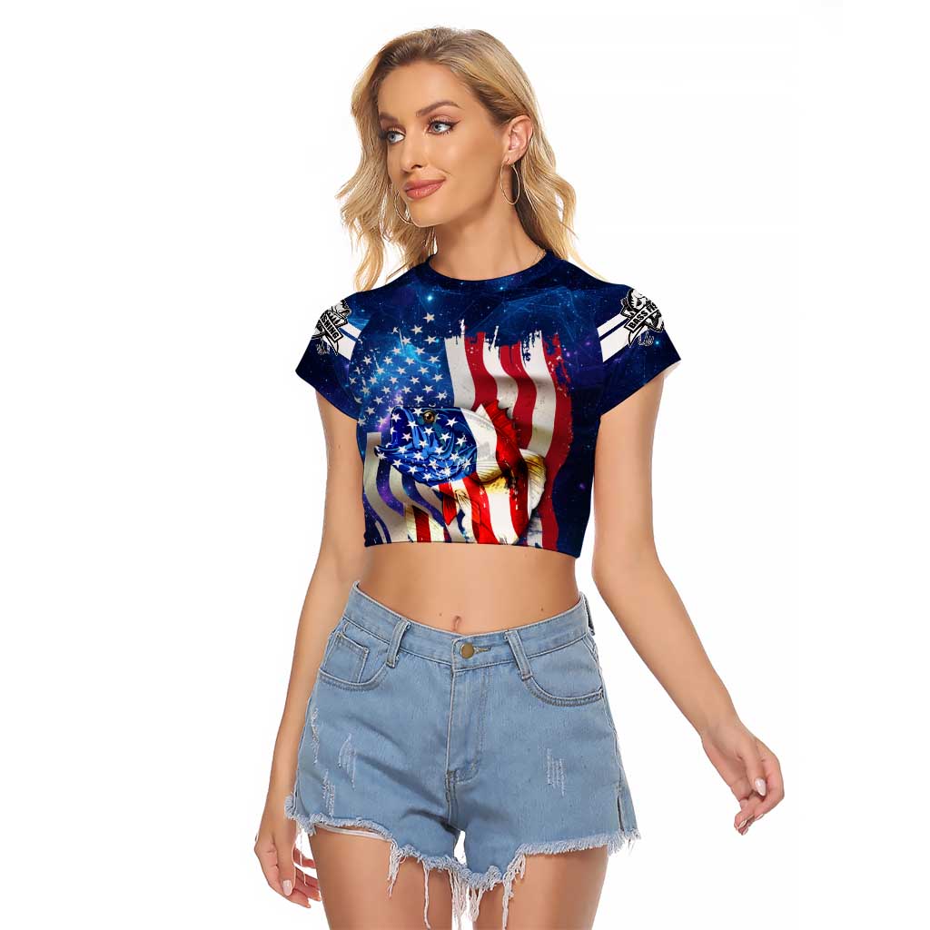 Bass Fishing Raglan Cropped T Shirt American Flag Patriotic and Cosmic Galaxy in Blue Red - Wonder Print Shop