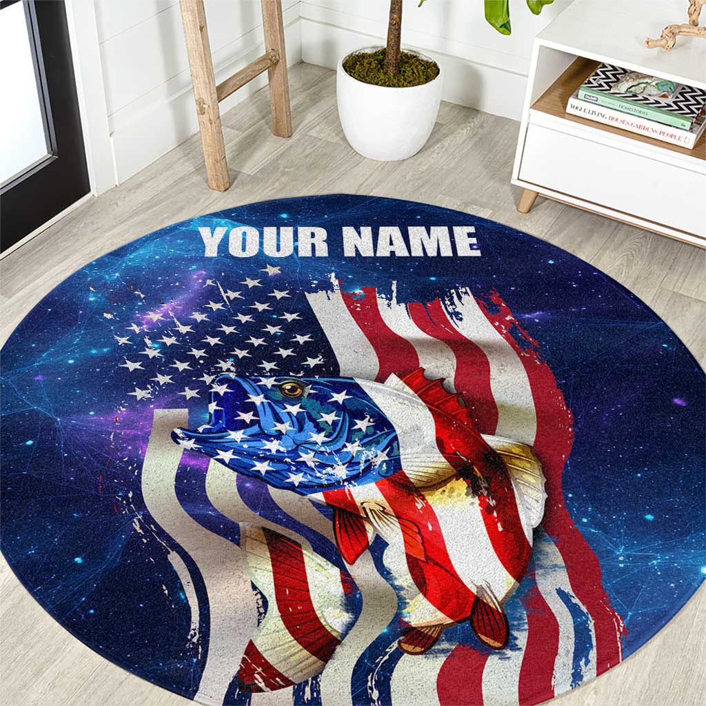 Bass Fishing Round Carpet American Flag Patriotic and Cosmic Galaxy in Blue Red - Wonder Print Shop