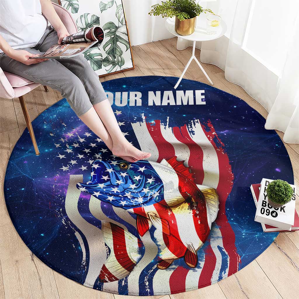 Bass Fishing Round Carpet American Flag Patriotic and Cosmic Galaxy in Blue Red - Wonder Print Shop