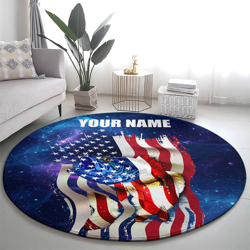 Bass Fishing Round Carpet American Flag Patriotic and Cosmic Galaxy in Blue Red - Wonder Print Shop