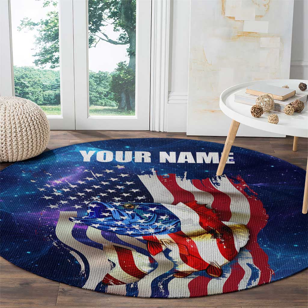 Bass Fishing Round Carpet American Flag Patriotic and Cosmic Galaxy in Blue Red - Wonder Print Shop