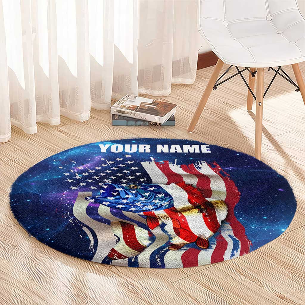 Bass Fishing Round Carpet American Flag Patriotic and Cosmic Galaxy in Blue Red - Wonder Print Shop