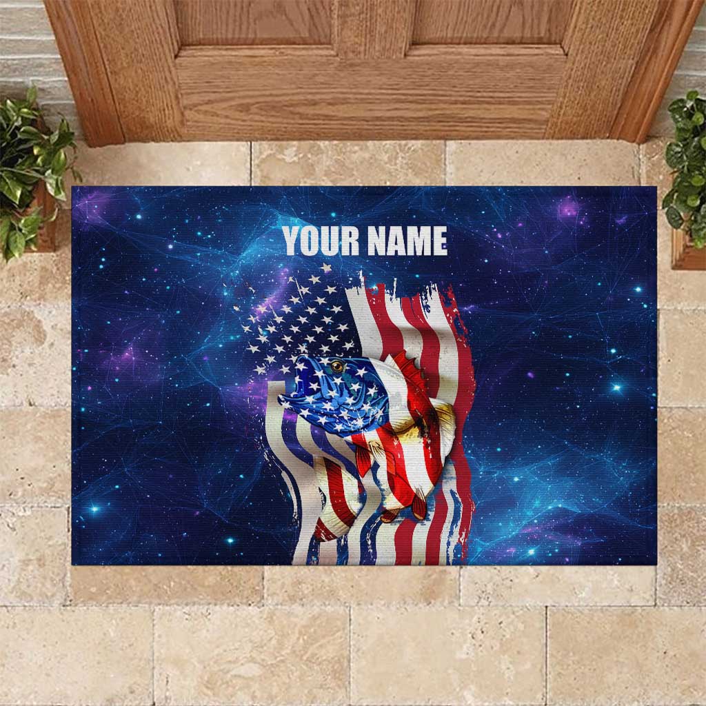 Bass Fishing Rubber Doormat American Flag Patriotic and Cosmic Galaxy in Blue Red - Wonder Print Shop
