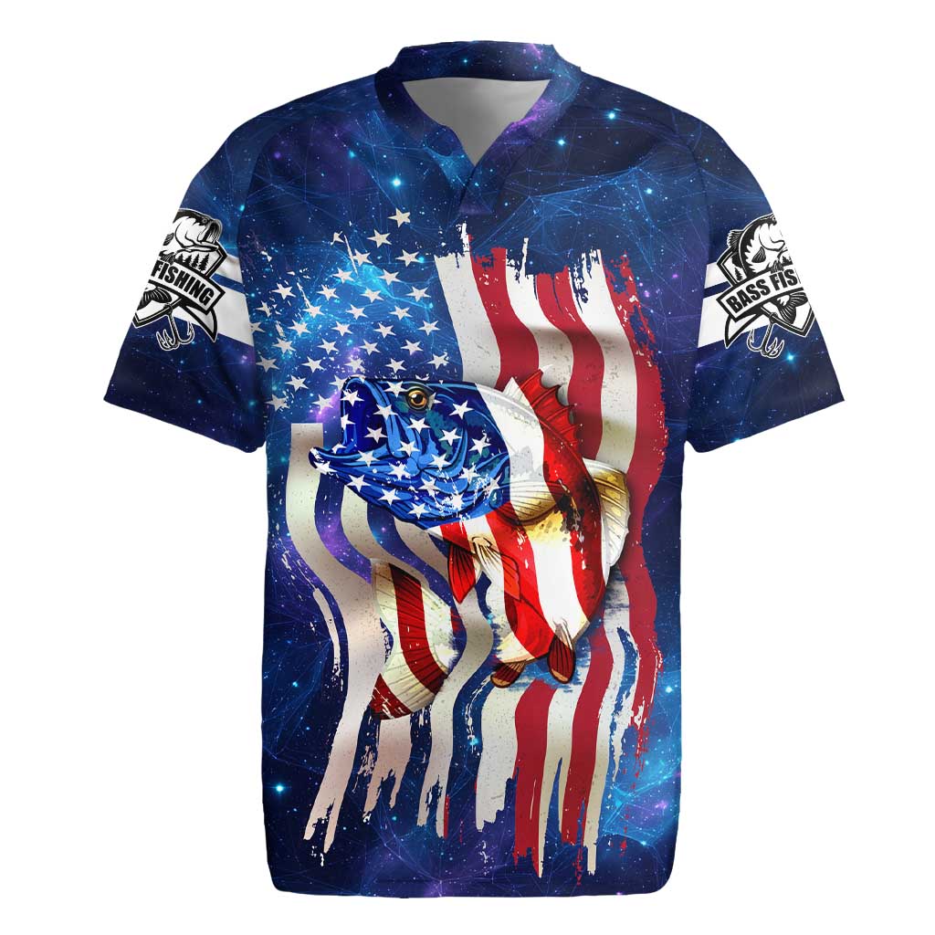 Bass Fishing Rugby Jersey American Flag Patriotic and Cosmic Galaxy in Blue Red - Wonder Print Shop