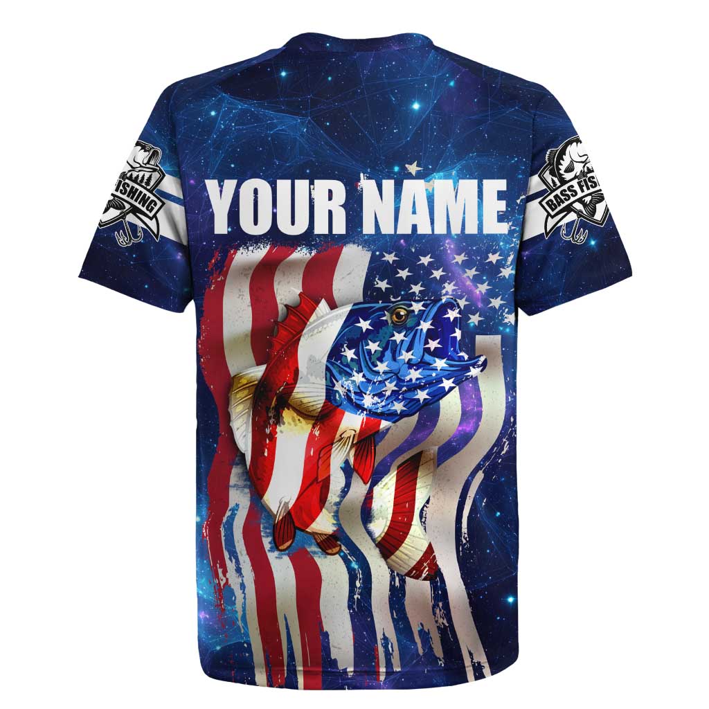 Bass Fishing Rugby Jersey American Flag Patriotic and Cosmic Galaxy in Blue Red - Wonder Print Shop