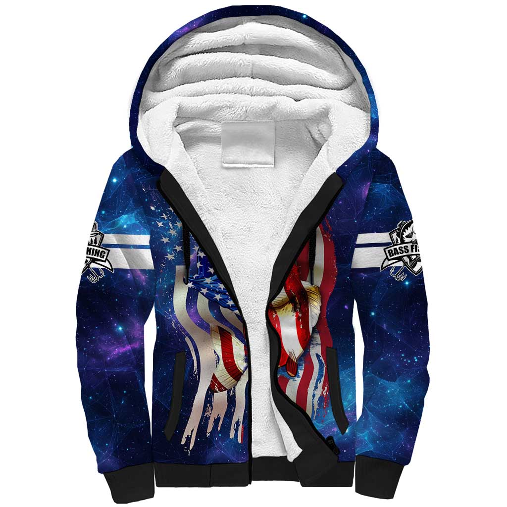 Bass Fishing Sherpa Hoodie American Flag Patriotic and Cosmic Galaxy in Blue Red - Wonder Print Shop