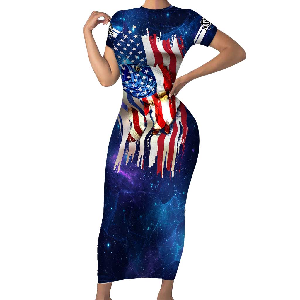 Bass Fishing Short Sleeve Bodycon Dress American Flag Patriotic and Cosmic Galaxy in Blue Red - Wonder Print Shop