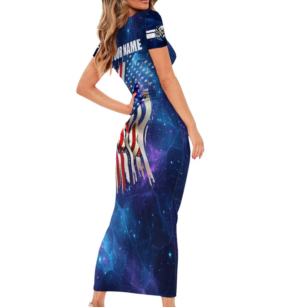 Bass Fishing Short Sleeve Bodycon Dress American Flag Patriotic and Cosmic Galaxy in Blue Red - Wonder Print Shop