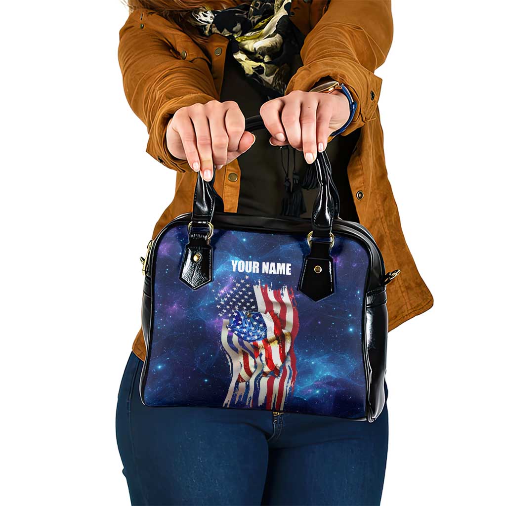 Bass Fishing Shoulder Handbag American Flag Patriotic and Cosmic Galaxy in Blue Red - Wonder Print Shop