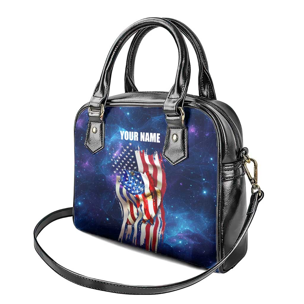 Bass Fishing Shoulder Handbag American Flag Patriotic and Cosmic Galaxy in Blue Red - Wonder Print Shop