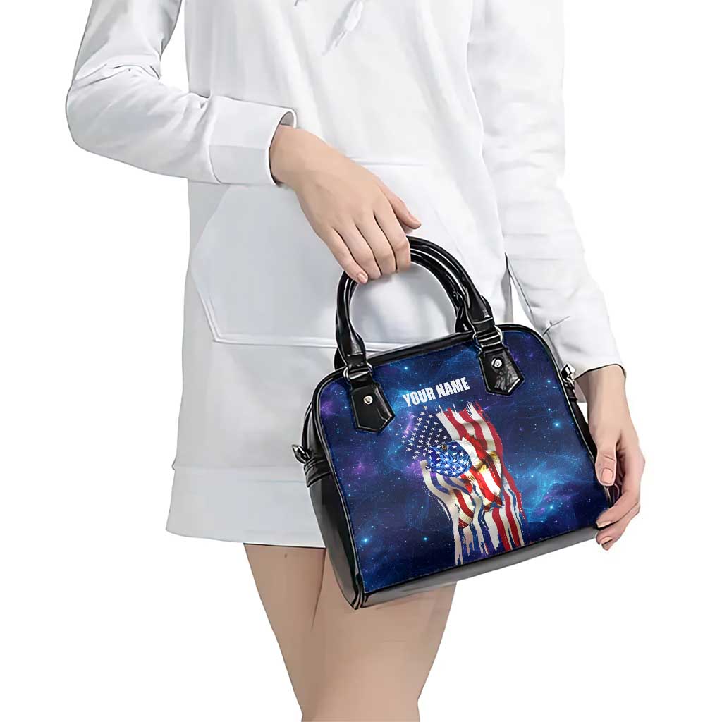 Bass Fishing Shoulder Handbag American Flag Patriotic and Cosmic Galaxy in Blue Red - Wonder Print Shop