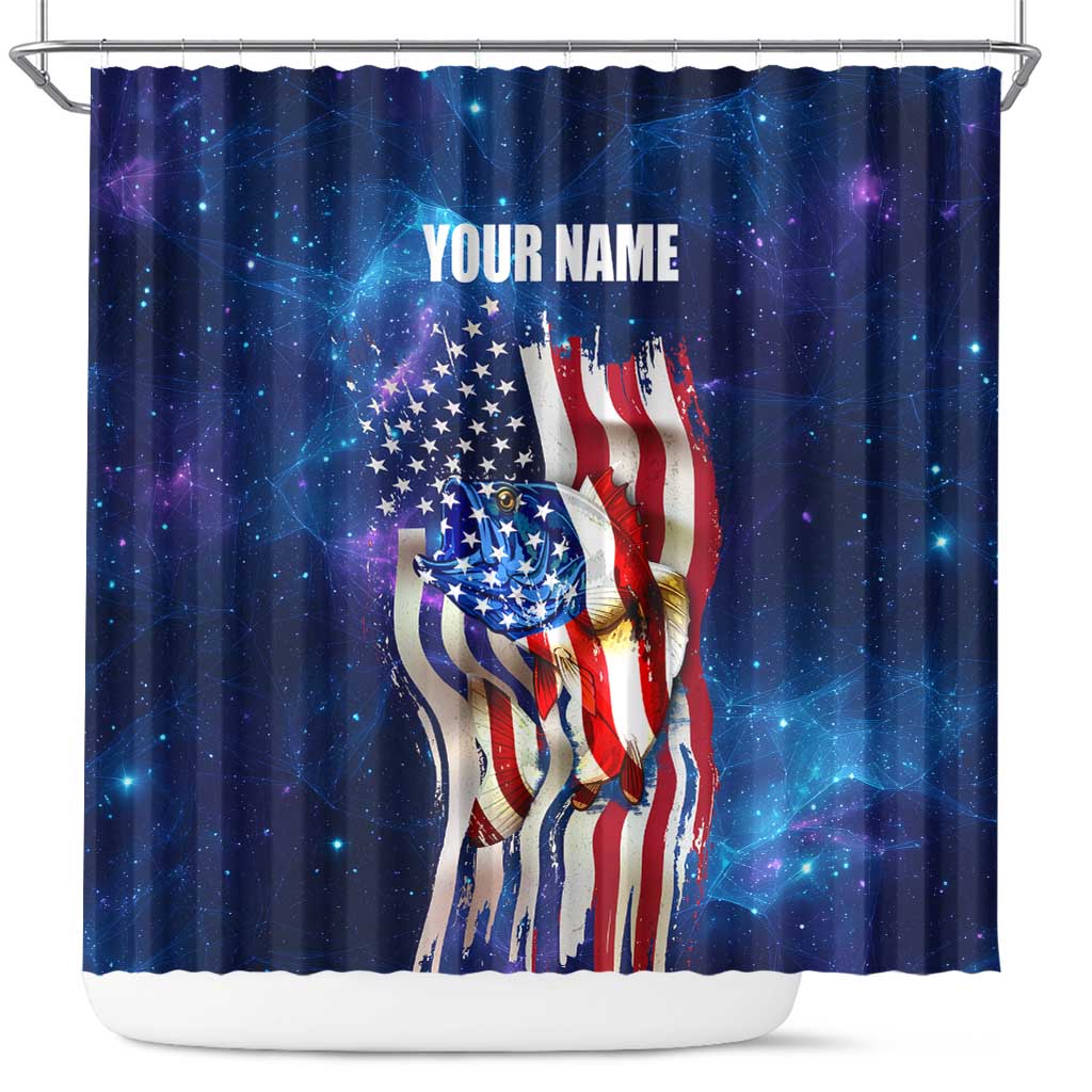 Bass Fishing Shower Curtain American Flag Patriotic and Cosmic Galaxy in Blue Red - Wonder Print Shop