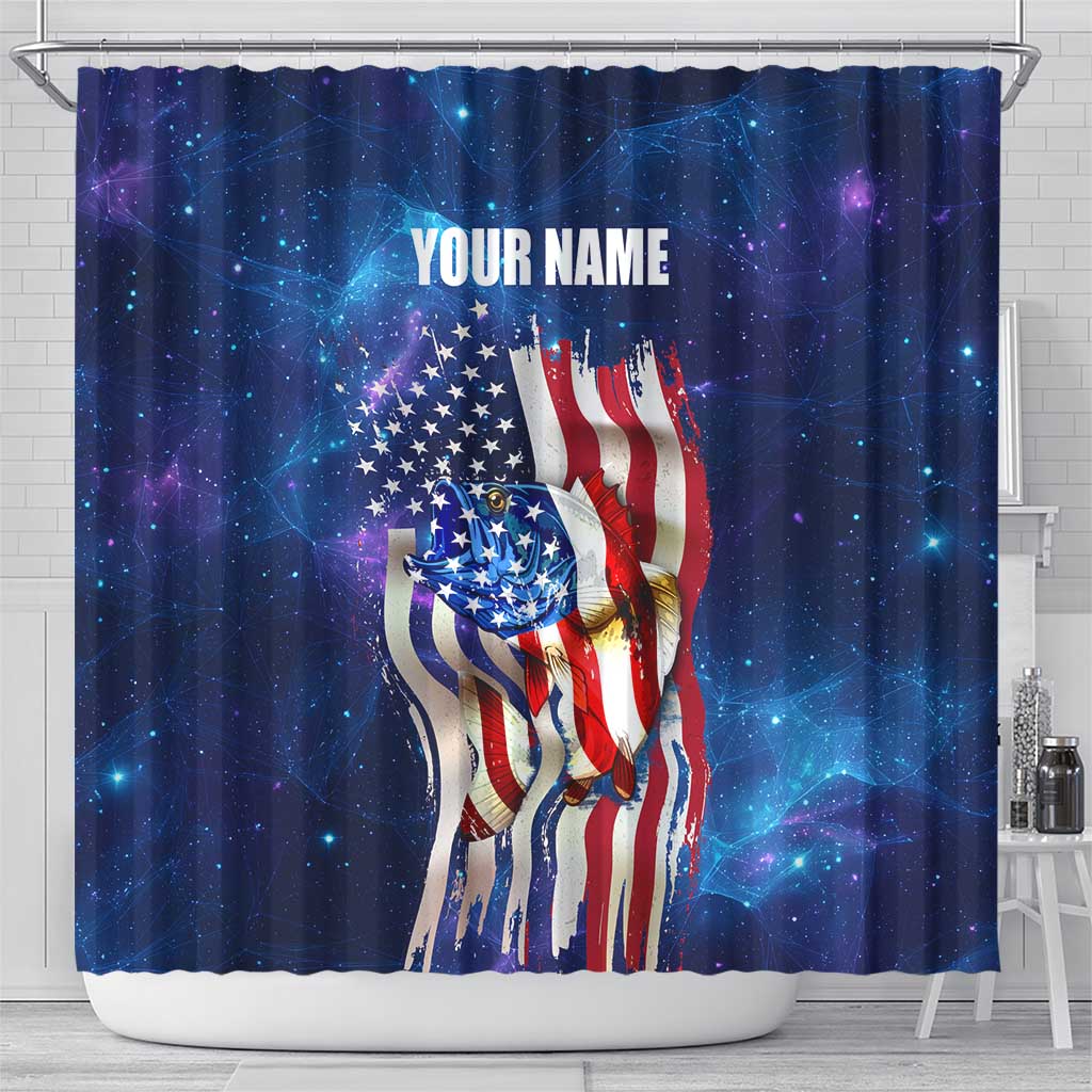 Bass Fishing Shower Curtain American Flag Patriotic and Cosmic Galaxy in Blue Red - Wonder Print Shop