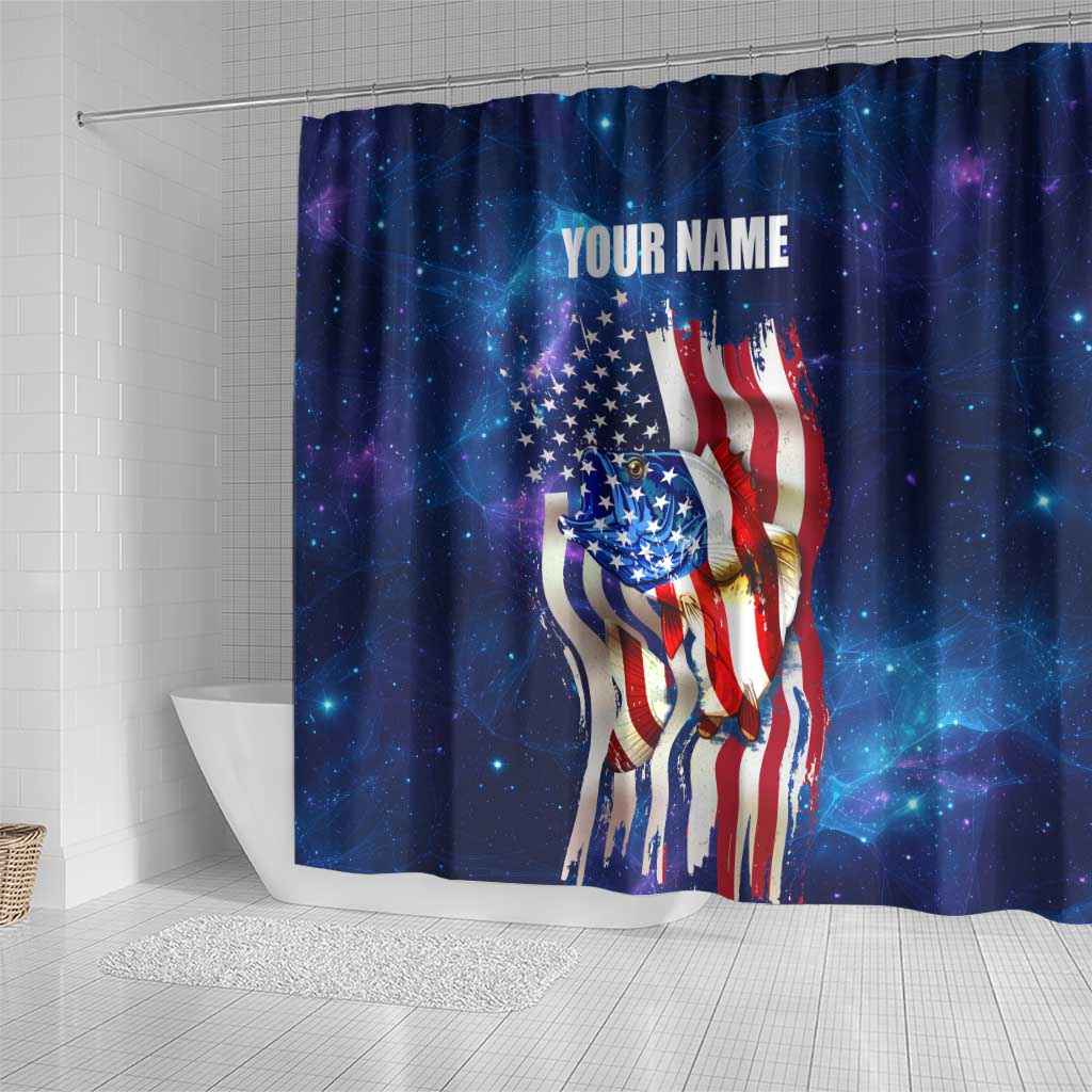 Bass Fishing Shower Curtain American Flag Patriotic and Cosmic Galaxy in Blue Red - Wonder Print Shop