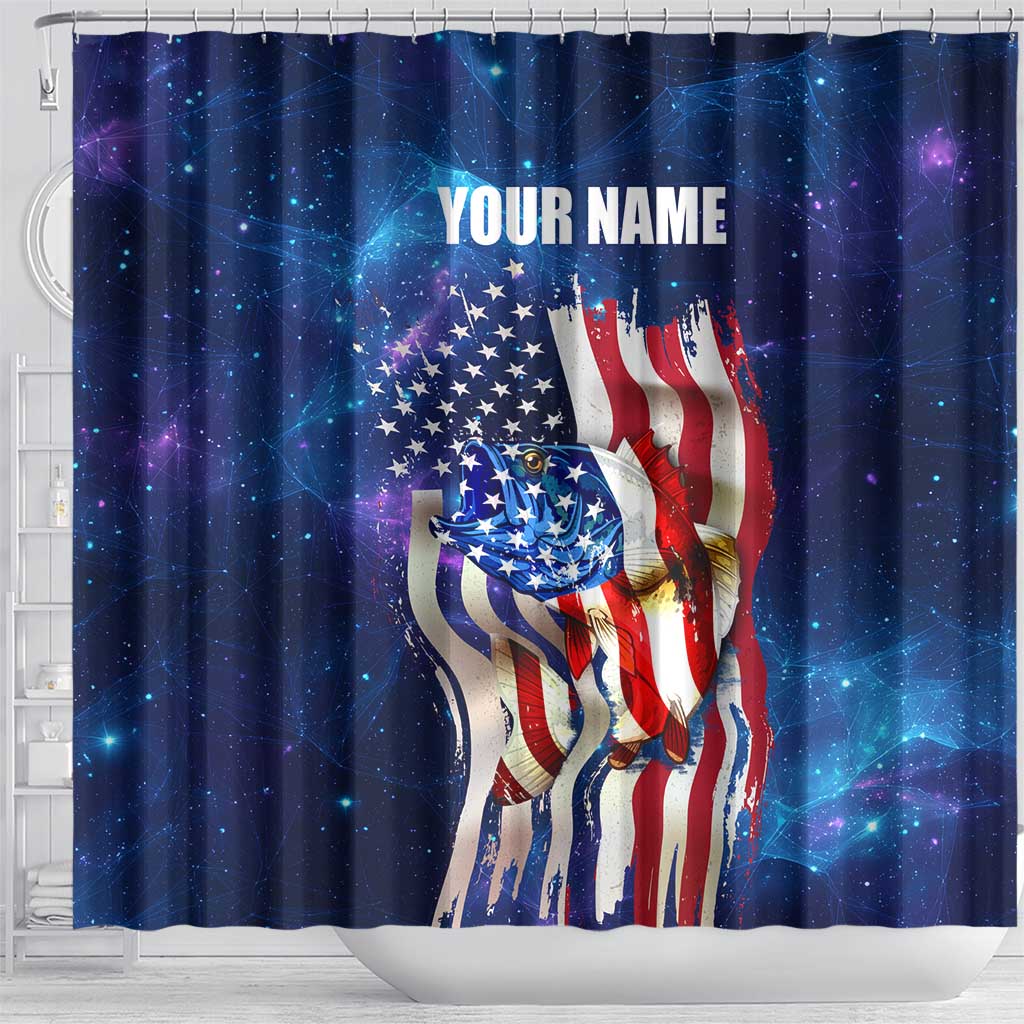 Bass Fishing Shower Curtain American Flag Patriotic and Cosmic Galaxy in Blue Red - Wonder Print Shop