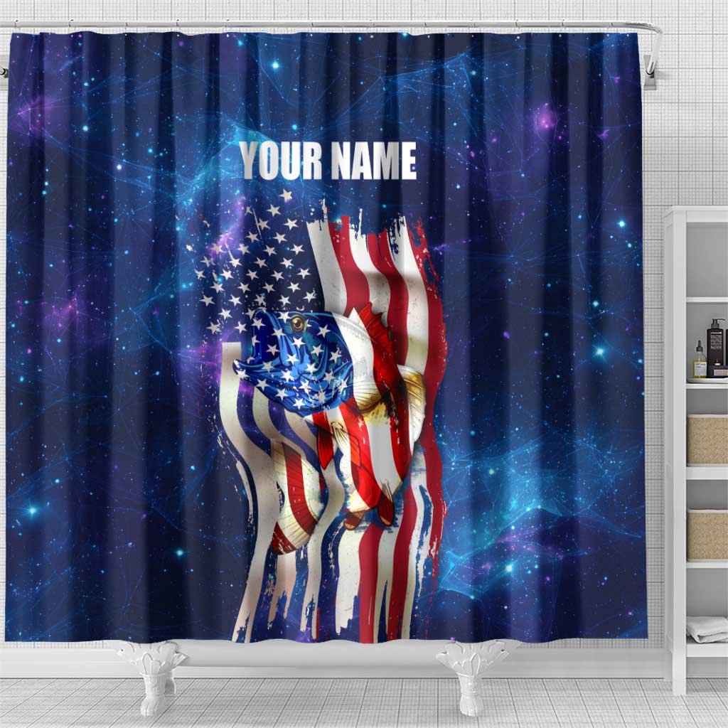 Bass Fishing Shower Curtain American Flag Patriotic and Cosmic Galaxy in Blue Red - Wonder Print Shop