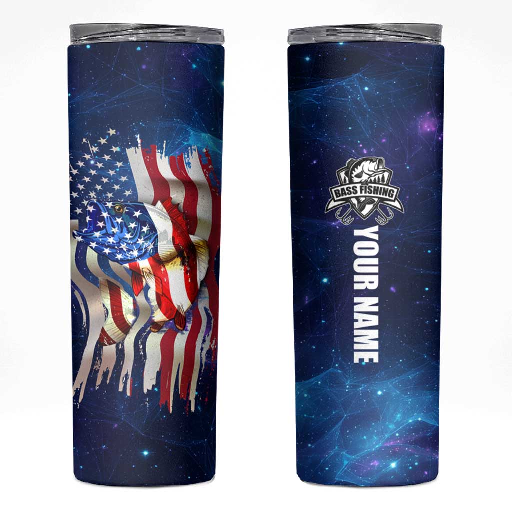 Bass Fishing Skinny Tumbler American Flag Patriotic and Cosmic Galaxy in Blue Red - Wonder Print Shop