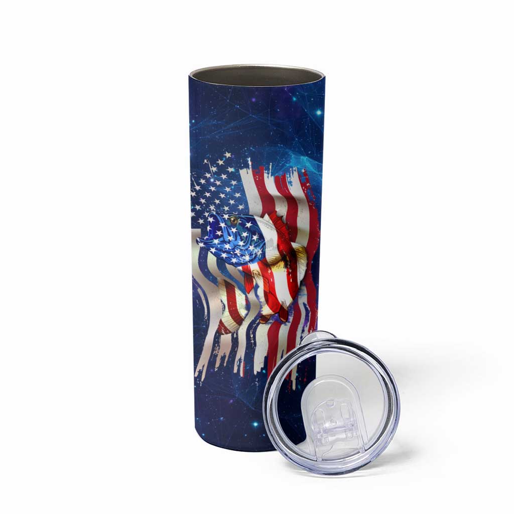 Bass Fishing Skinny Tumbler American Flag Patriotic and Cosmic Galaxy in Blue Red - Wonder Print Shop