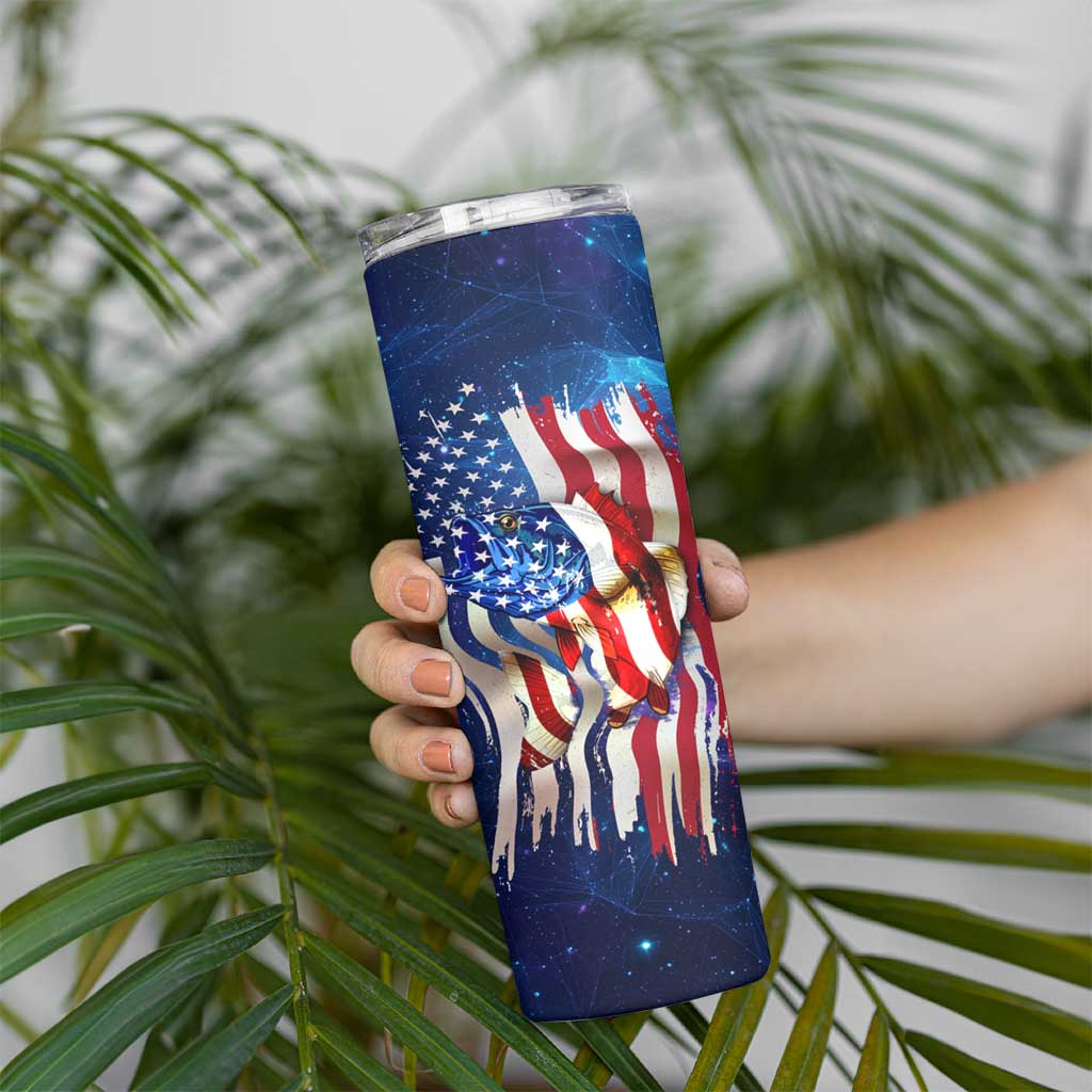 Bass Fishing Skinny Tumbler American Flag Patriotic and Cosmic Galaxy in Blue Red - Wonder Print Shop