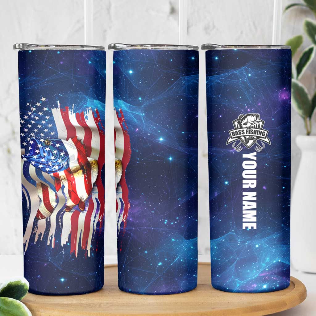 Bass Fishing Skinny Tumbler American Flag Patriotic and Cosmic Galaxy in Blue Red - Wonder Print Shop