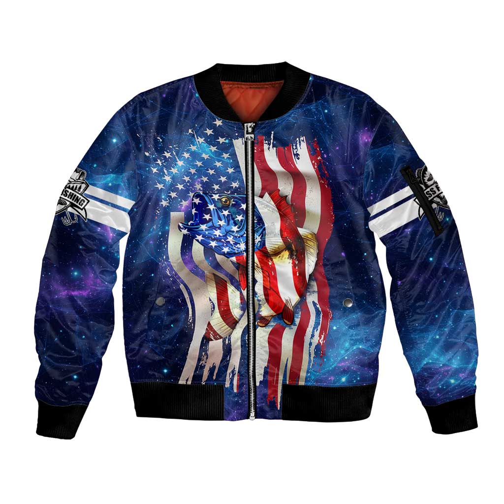 Bass Fishing Sleeve Zip Bomber Jacket American Flag Patriotic and Cosmic Galaxy in Blue Red - Wonder Print Shop