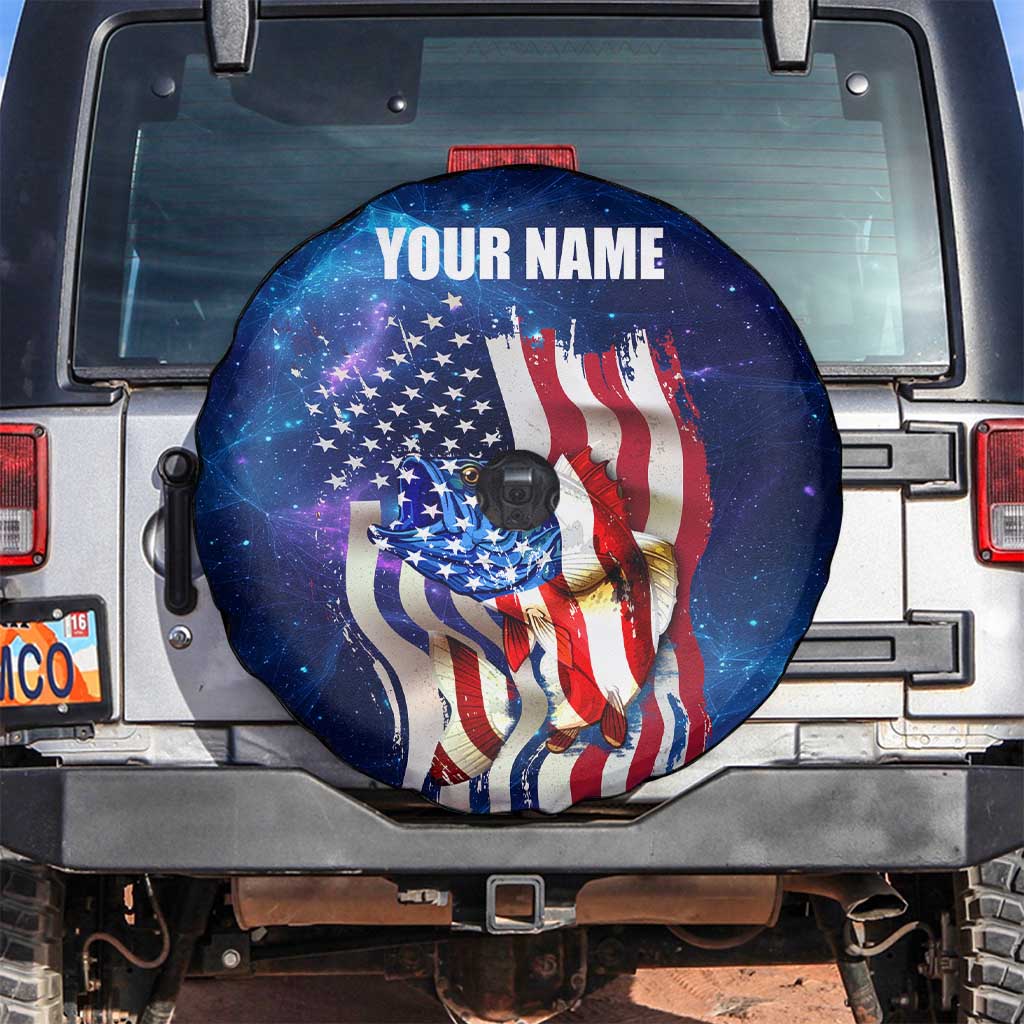 Bass Fishing Spare Tire Cover American Flag Patriotic and Cosmic Galaxy in Blue Red - Wonder Print Shop