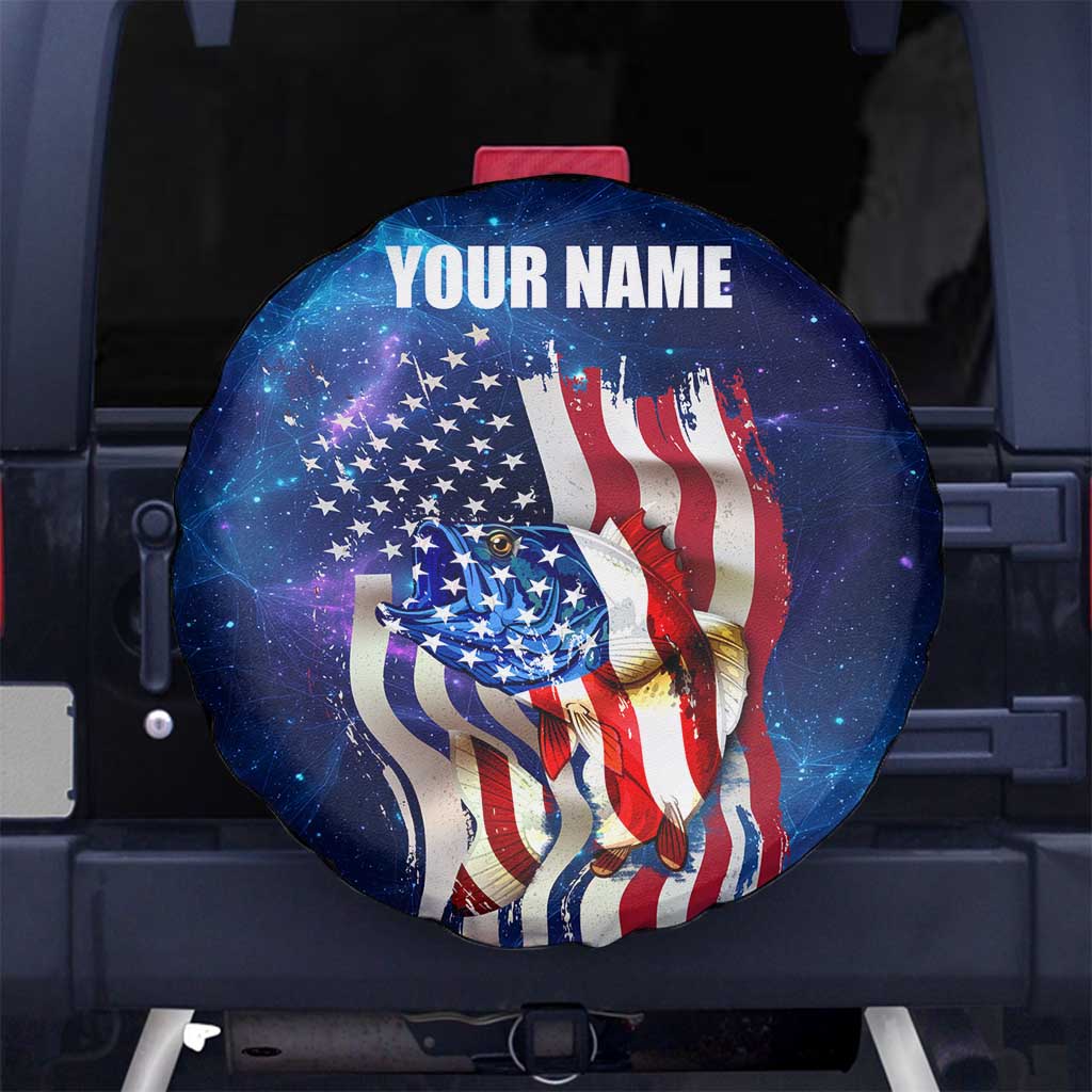 Bass Fishing Spare Tire Cover American Flag Patriotic and Cosmic Galaxy in Blue Red - Wonder Print Shop