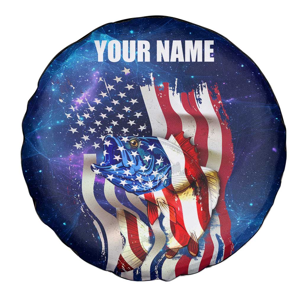 Bass Fishing Spare Tire Cover American Flag Patriotic and Cosmic Galaxy in Blue Red - Wonder Print Shop