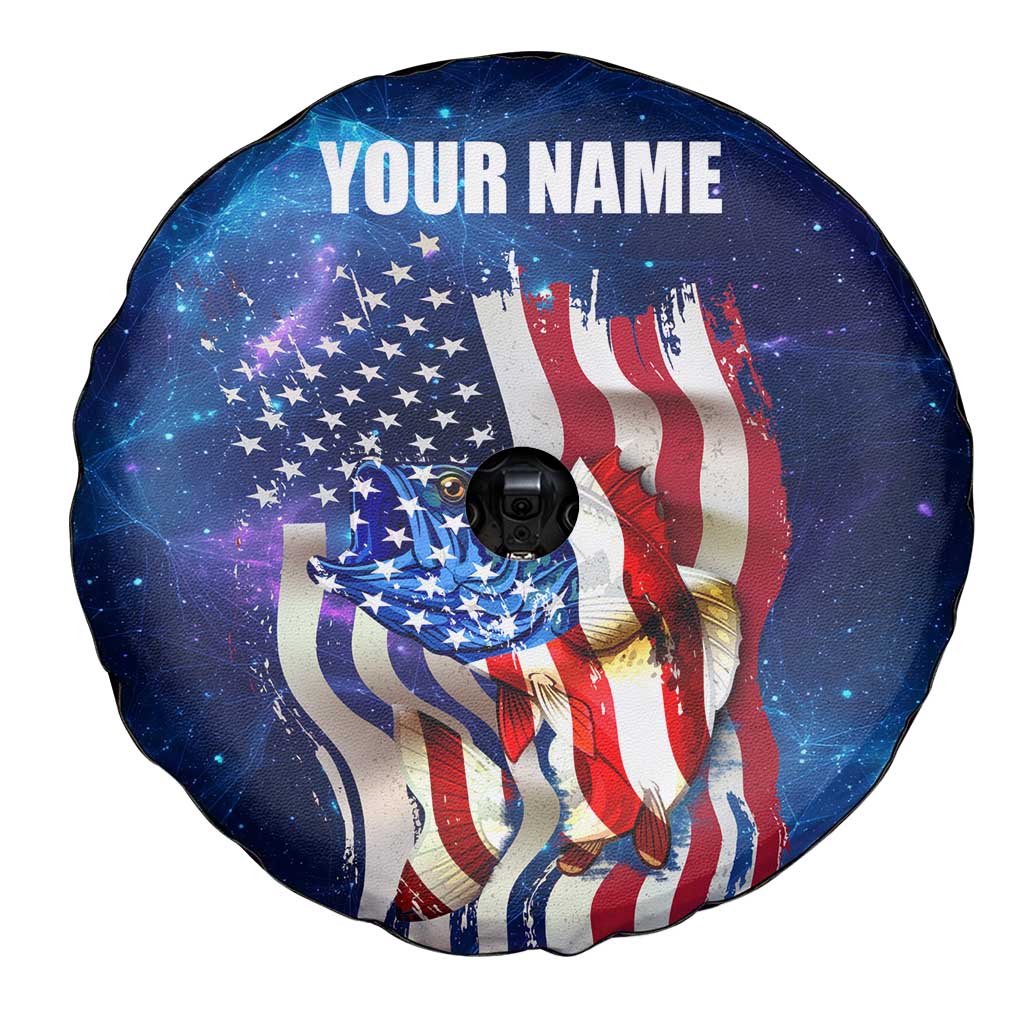 Bass Fishing Spare Tire Cover American Flag Patriotic and Cosmic Galaxy in Blue Red - Wonder Print Shop