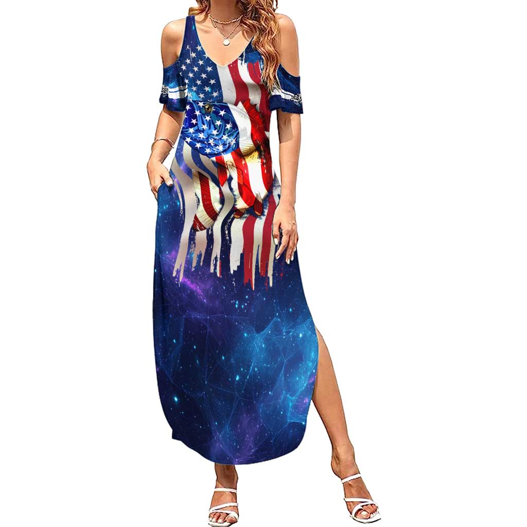 Bass Fishing Summer Maxi Dress American Flag Patriotic and Cosmic Galaxy in Blue Red - Wonder Print Shop