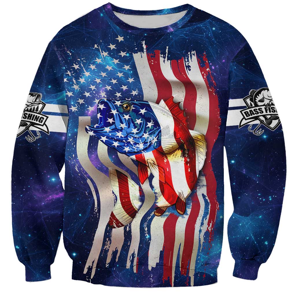 Bass Fishing Sweatshirt American Flag Patriotic and Cosmic Galaxy in Blue Red - Wonder Print Shop