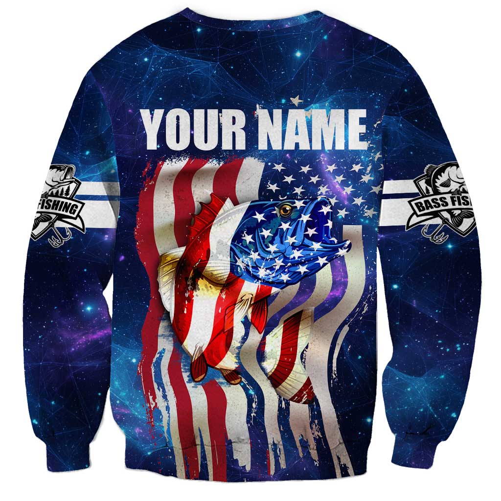 Bass Fishing Sweatshirt American Flag Patriotic and Cosmic Galaxy in Blue Red - Wonder Print Shop